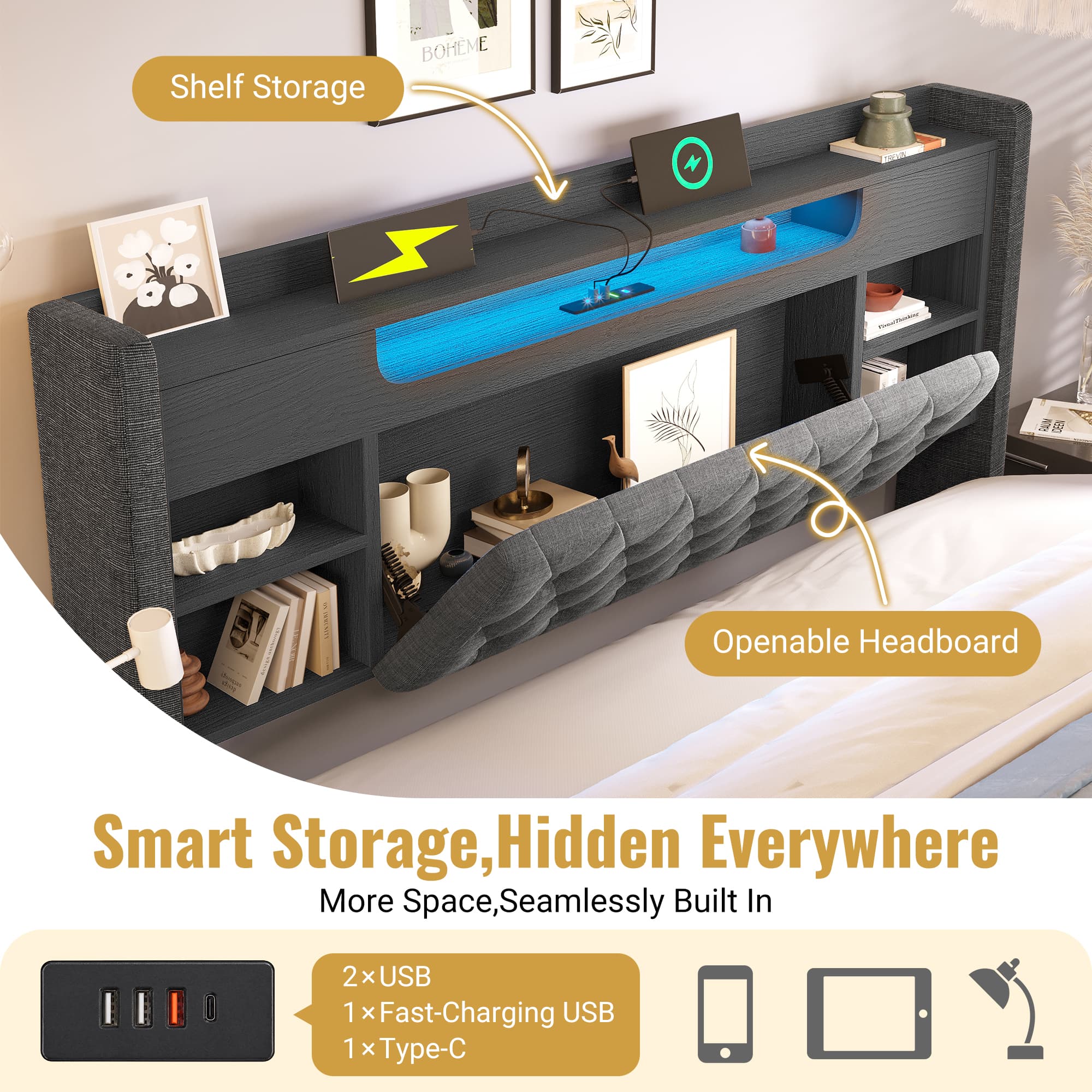 4ft6 Double Bed With Hydraulic Storage, Upholstered Bed Frame With LED Lighting & Charging Station, Storage Headboard For Cellphones & Tablets, 135 X 190 Cm, Linen, Grey No Mattress 2