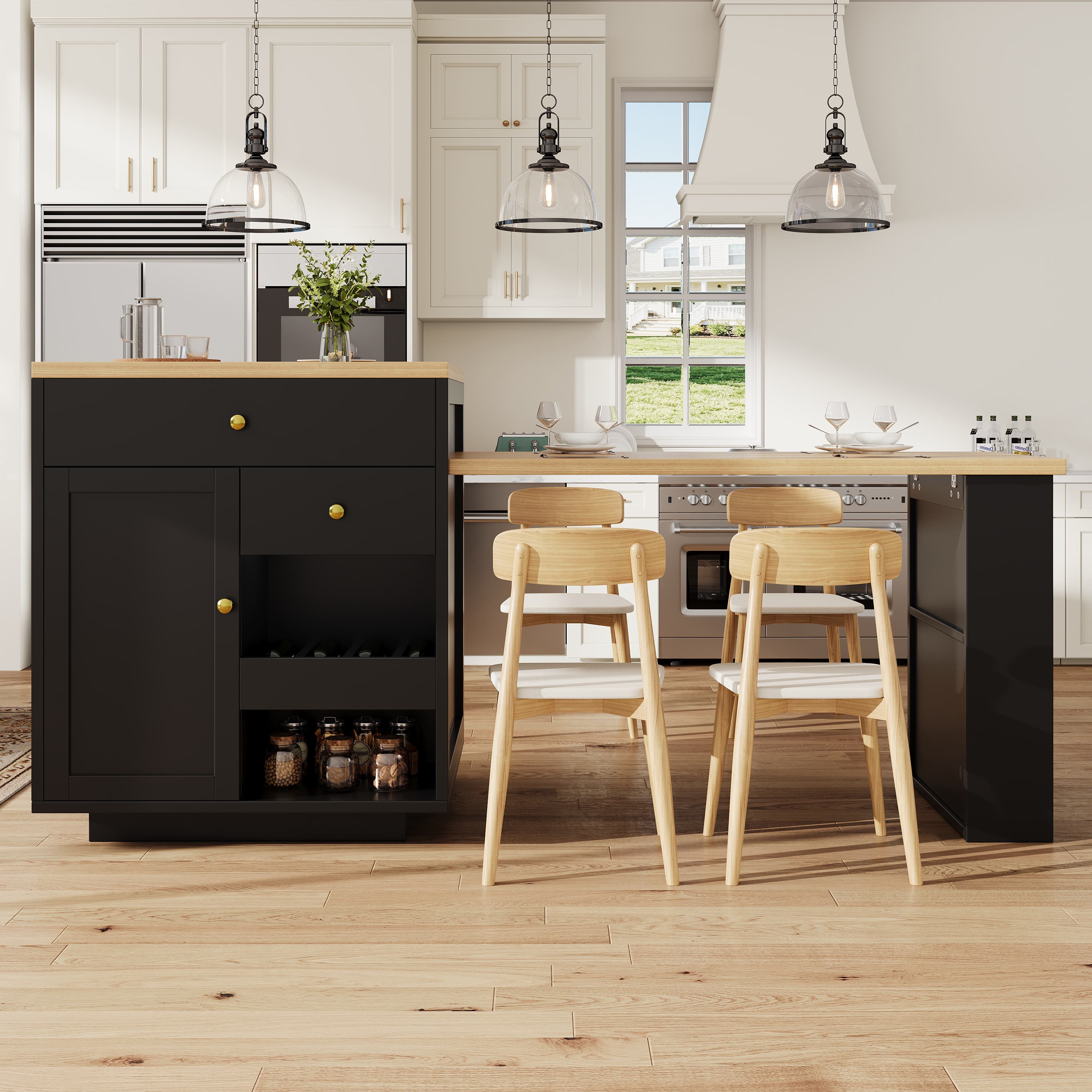 Extendable Bar Table With Storage 122.5-195.5x70x93.8cm, With Three Drawers And Wine Rack, Kitchen Island With Extendable Table, For 2-6 People, Kitchen Dining Cart With Side Shelves, Black 3