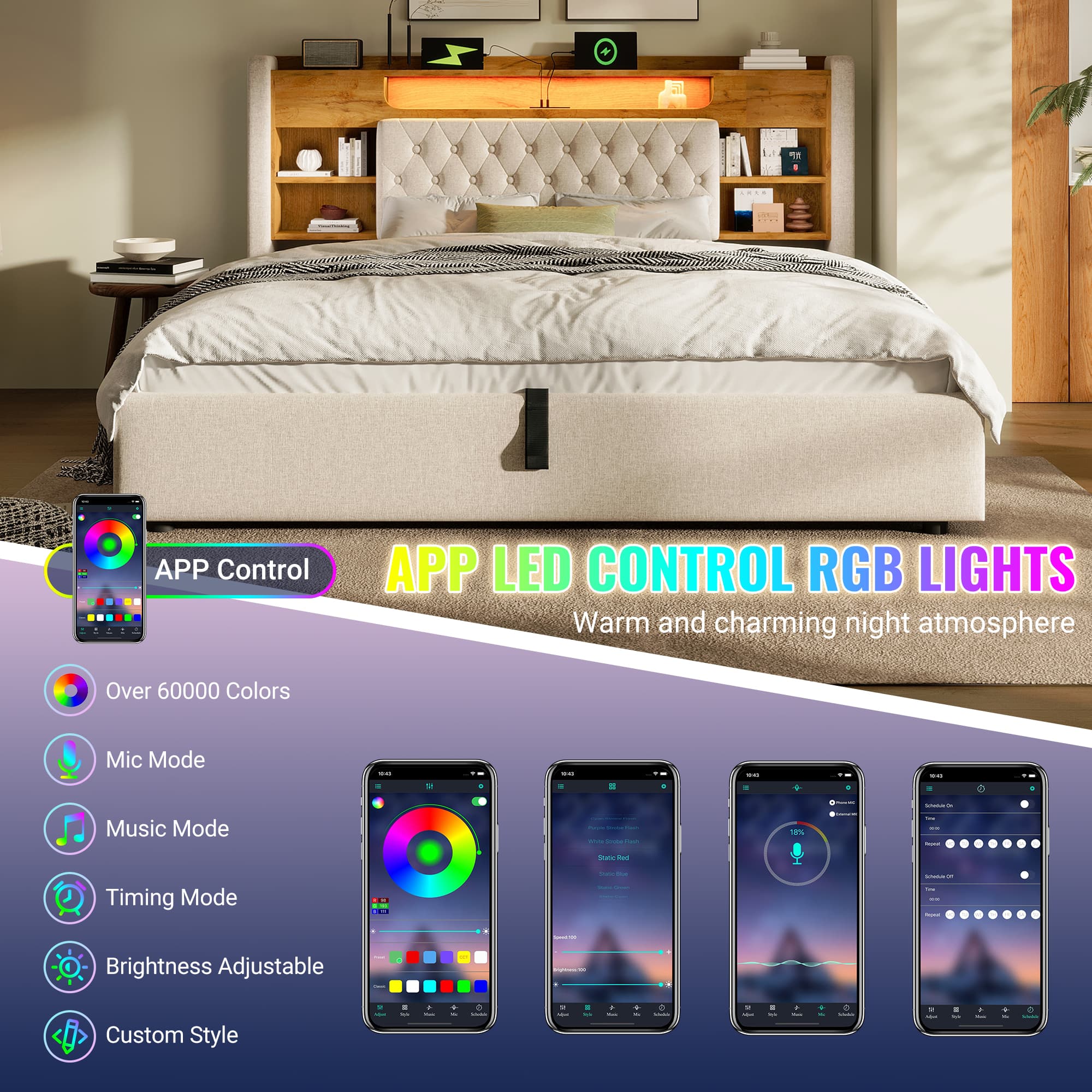 4ft6 Double Bed With Hydraulic Storage, Upholstered Bed Frame With LED Lighting & Charging Station, Storage Headboard For Cellphones & Tablets, 135 X 190 Cm, Linen, Beige No Mattress 5