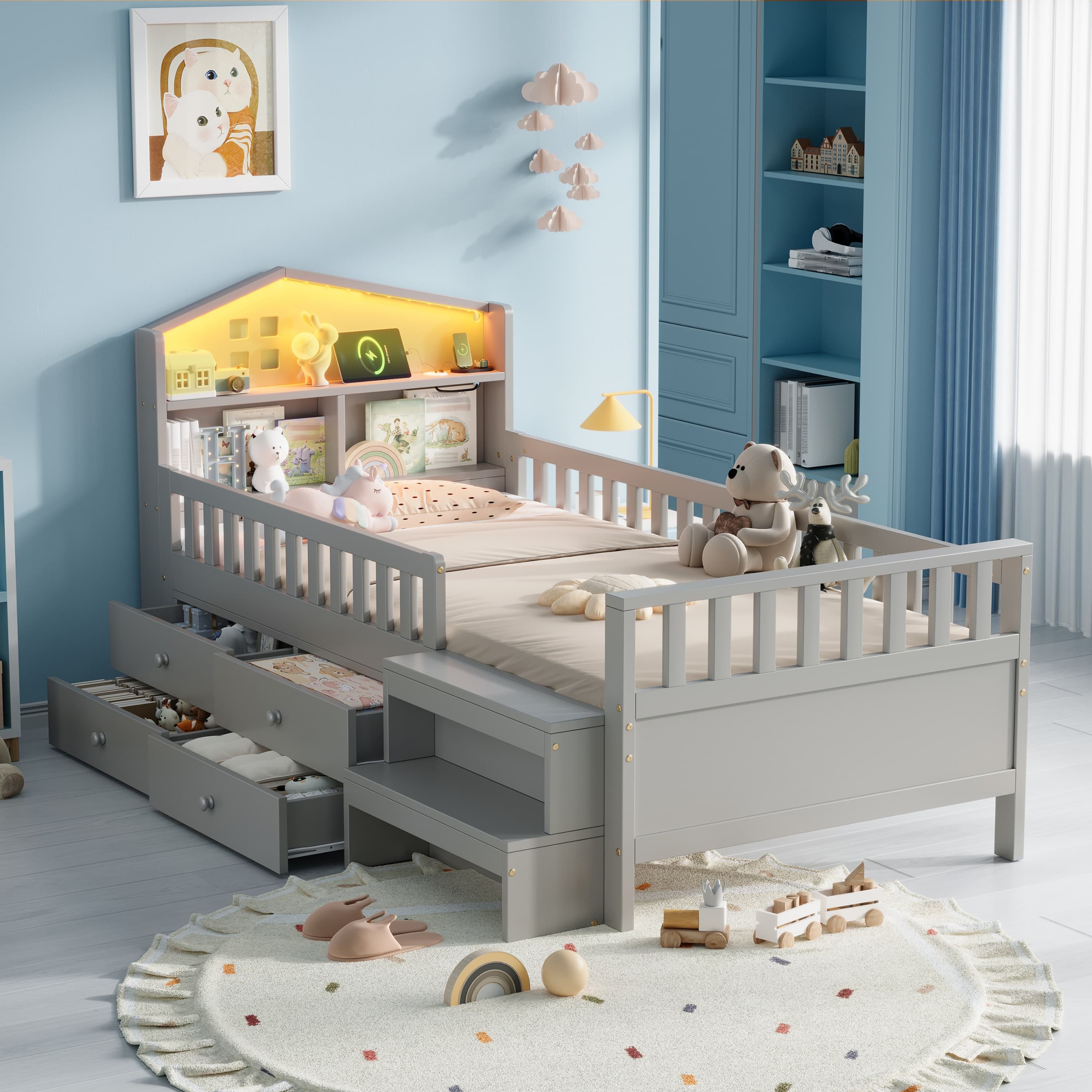 3ft Single Wooden Bed Frame, LED Lighting, Headboard Storage & Drawers, USB Charging Port, Safety Rails & Step Stool, Easy Assembly, Grey No Mattress 4