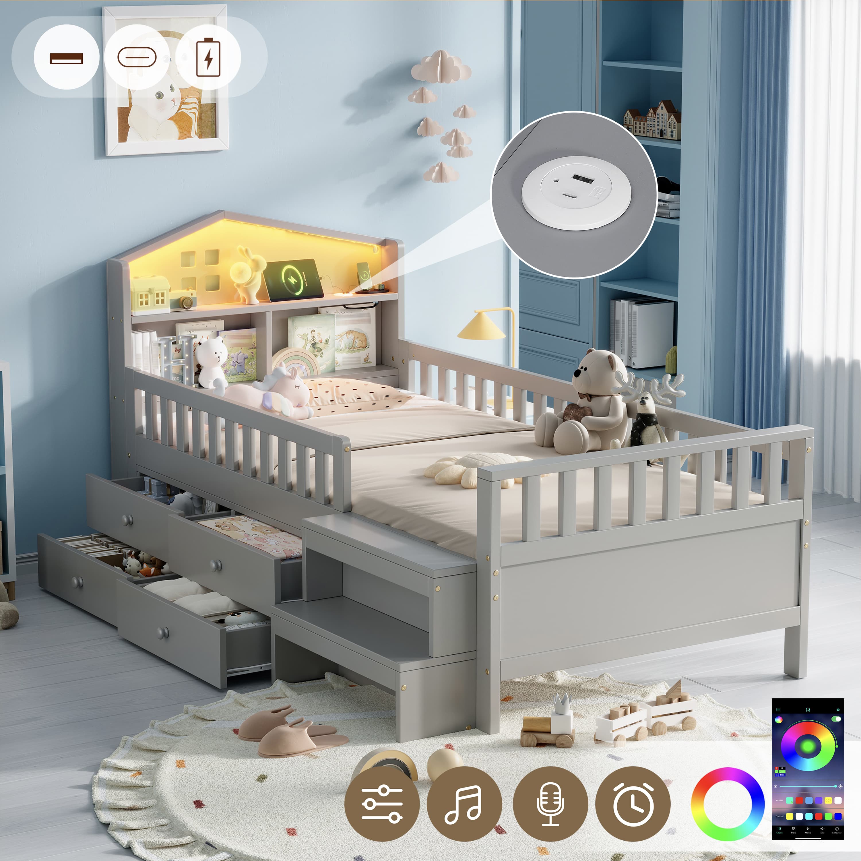 3ft Single Wooden Bed Frame, LED Lighting, Headboard Storage & Drawers, USB Charging Port, Safety Rails & Step Stool, Easy Assembly, Grey No Mattress 2