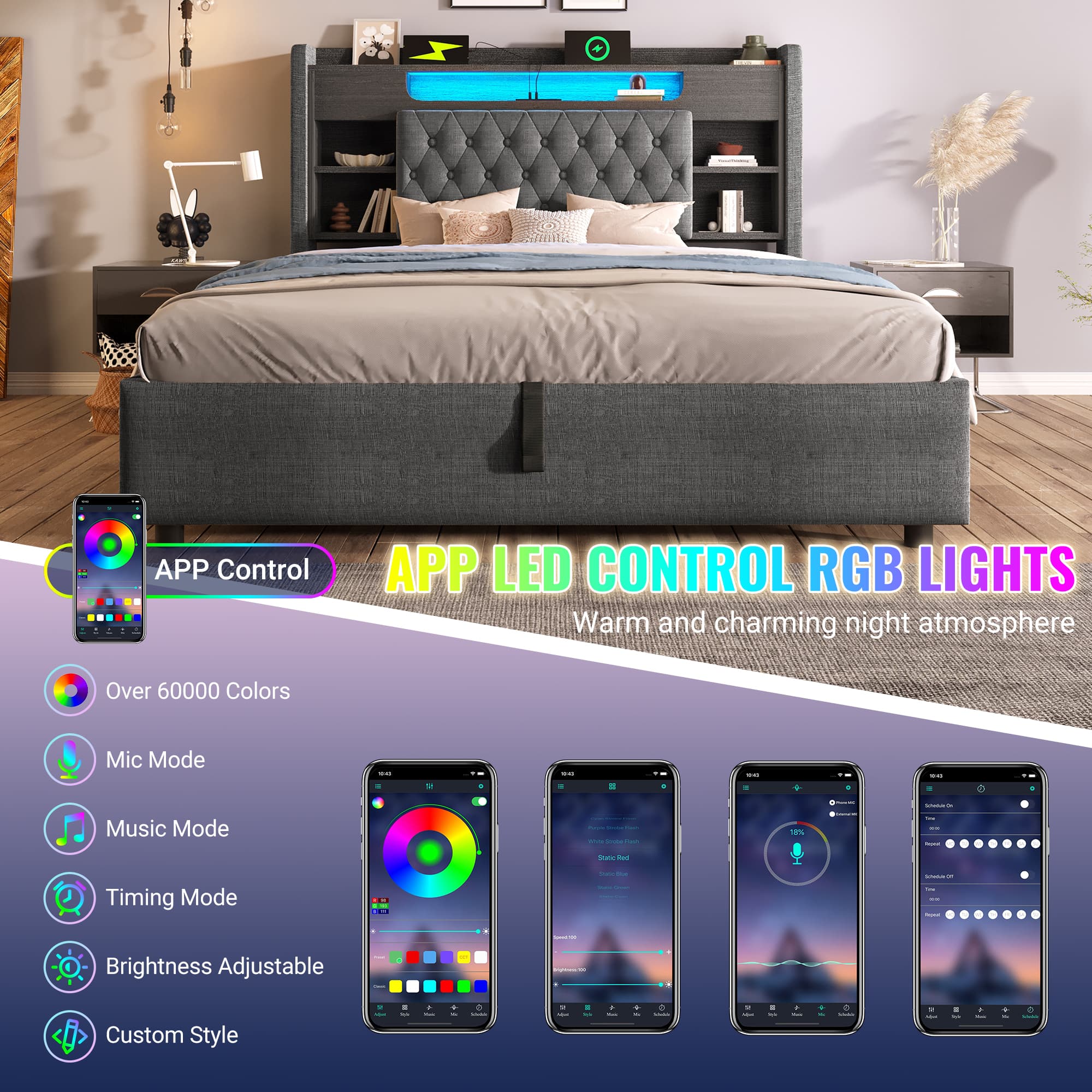 4ft6 Double Bed With Hydraulic Storage, Upholstered Bed Frame With LED Lighting & Charging Station, Storage Headboard For Cellphones & Tablets, 135 X 190 Cm, Linen, Grey No Mattress 3