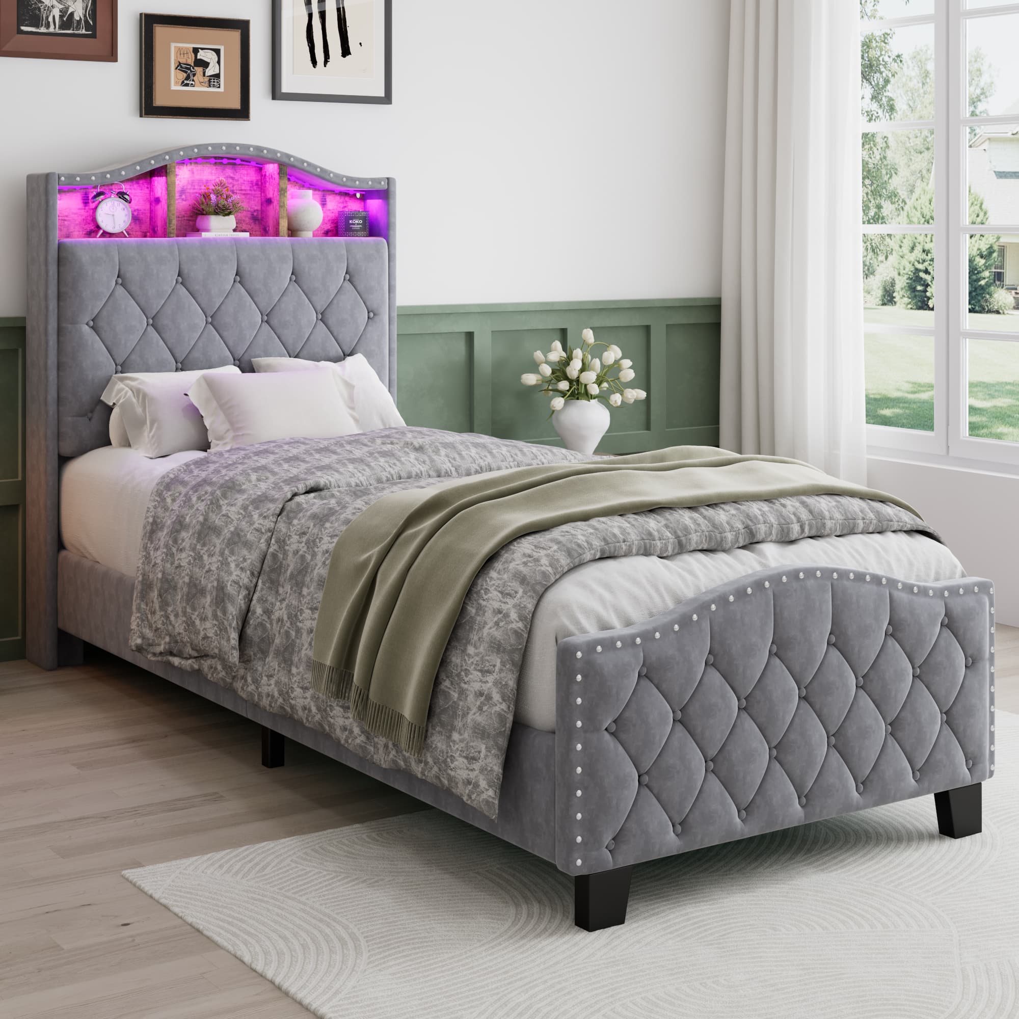 Upholstered Bed, 3FT Single Bed 90x190cm, Storage Bed, Soft Backrest,With Bed Slats, With LED Light Strip,For Adults & Teenagers, Velvet, Grey 3