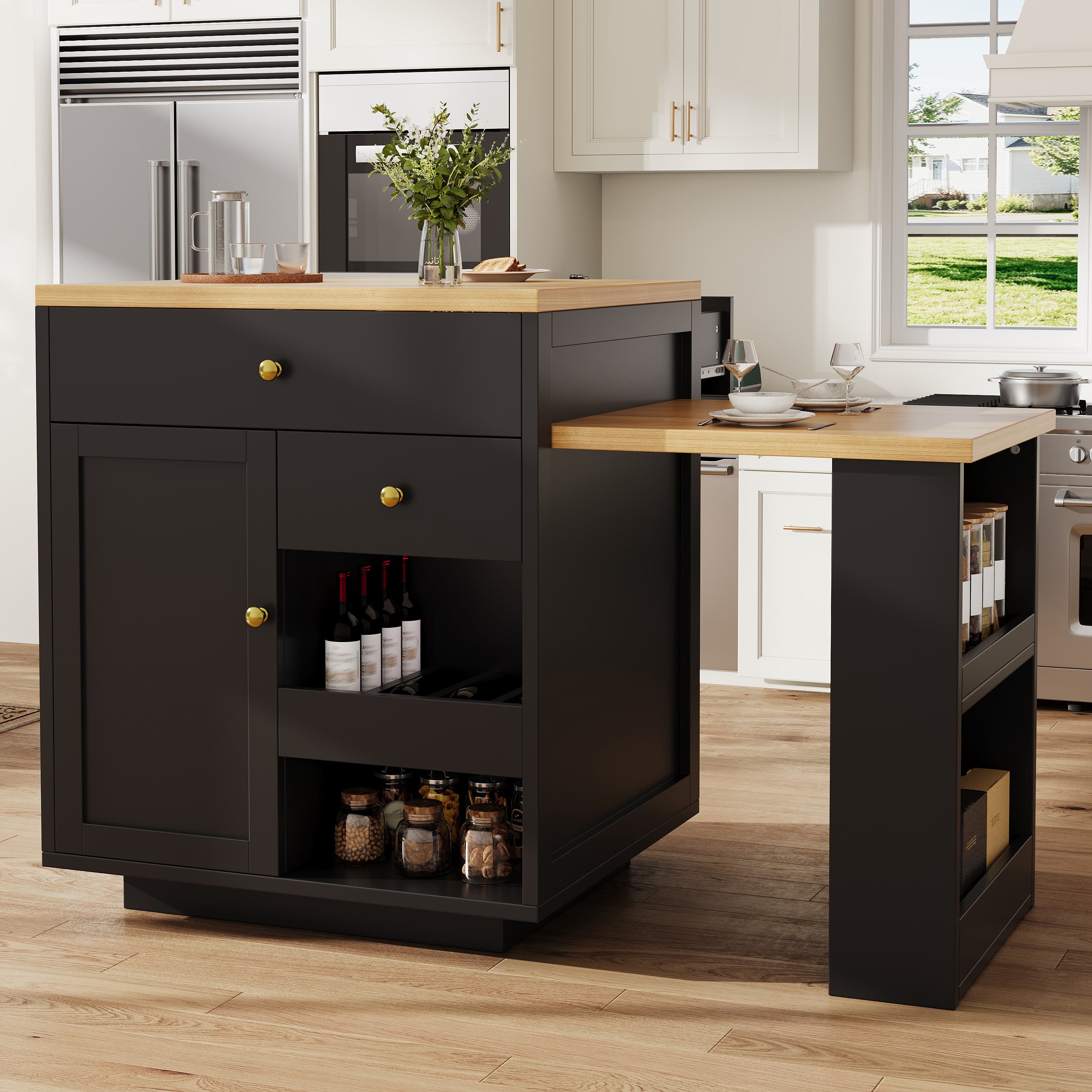 Extendable Bar Table With Storage 122.5-195.5x70x93.8cm, With Three Drawers And Wine Rack, Kitchen Island With Extendable Table, For 2-6 People, Kitchen Dining Cart With Side Shelves, Black 4