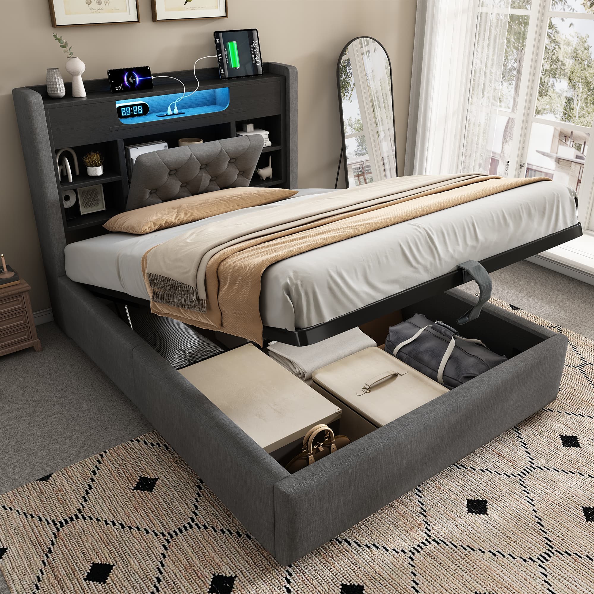 4ft6 Double Bed With Hydraulic Storage, Upholstered Bed Frame With LED Lighting & Charging Station, Storage Headboard For Cellphones & Tablets, 135 X 190 Cm, Linen, Grey No Mattress 4