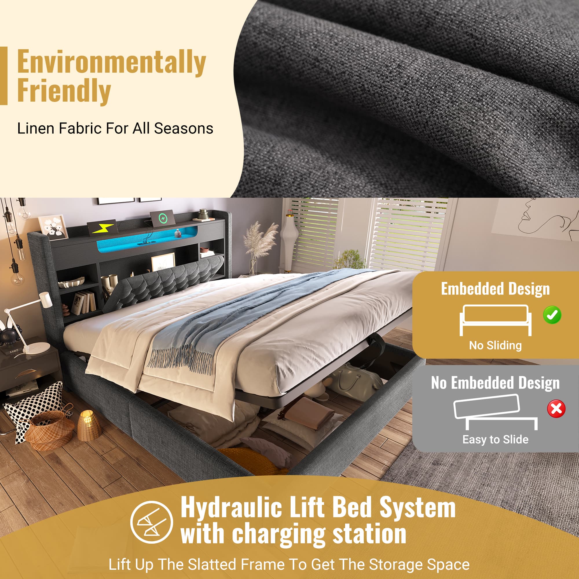 4ft6 Double Bed With Hydraulic Storage, Upholstered Bed Frame With LED Lighting & Charging Station, Storage Headboard For Cellphones & Tablets, 135 X 190 Cm, Linen, Grey No Mattress 5