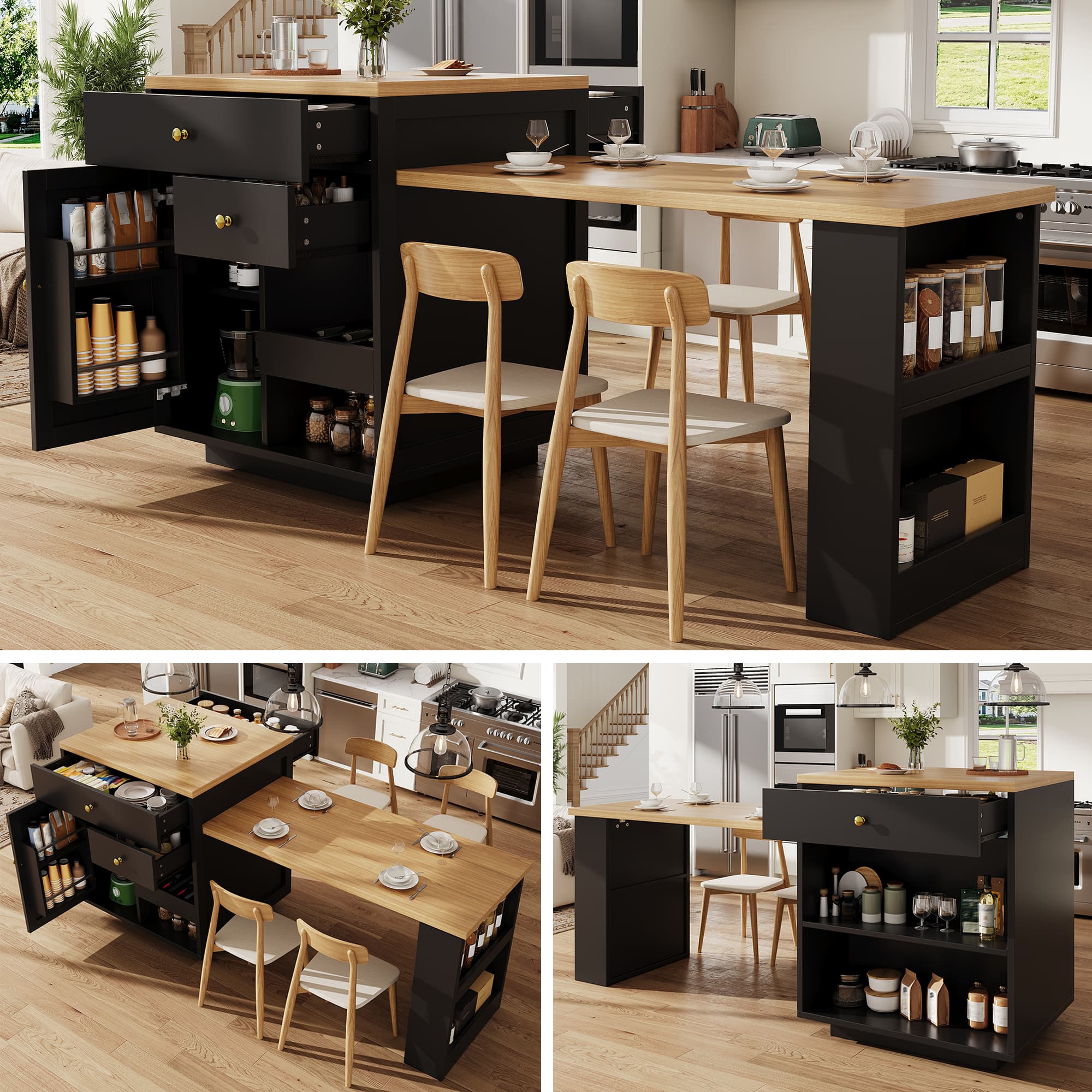 Extendable Bar Table With Storage 122.5-195.5x70x93.8cm, With Three Drawers And Wine Rack, Kitchen Island With Extendable Table, For 2-6 People, Kitchen Dining Cart With Side Shelves, Black 2