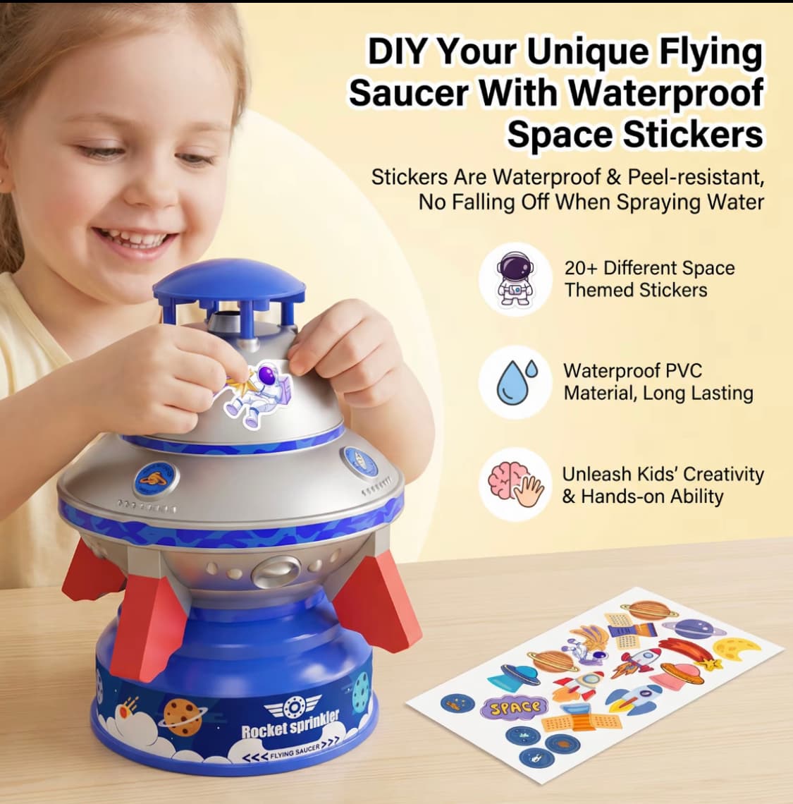 Kids UFO Rocket Water Sprinkler, Flying Saucer Water Launcher With Colorful LED Flashing Lights & DIY Stickers, Outdoor Summer Water Toy For Yard & Garden 7