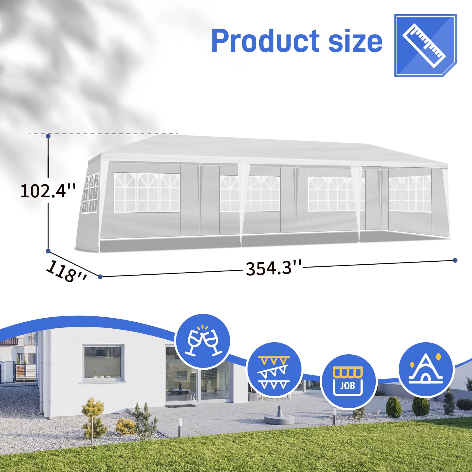 10x30ft White Party Tent With 5 Sidewalls, Outdoor Canopy Gazebo, Iron Frame & PE Cover, Waterproof Sun Shelter For Wedding BBQ Events 7