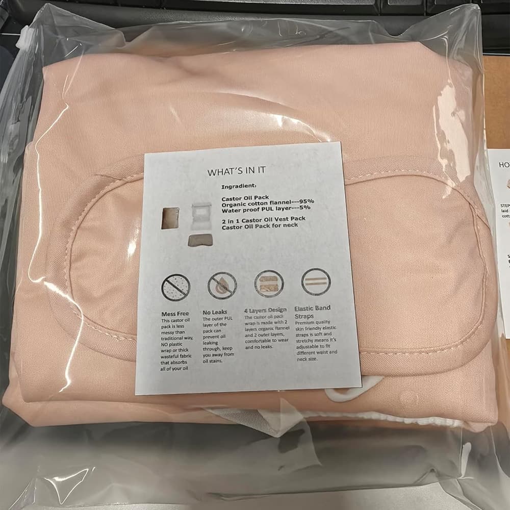 Castor Oil Vest Pack Wrap, 2Oz Organic Cold Pressed Glass Bottle Oil, Soft Organic Cotton Flannel & Waterproof PUL, Reusable Massage Castor Oil Pack Kit 3