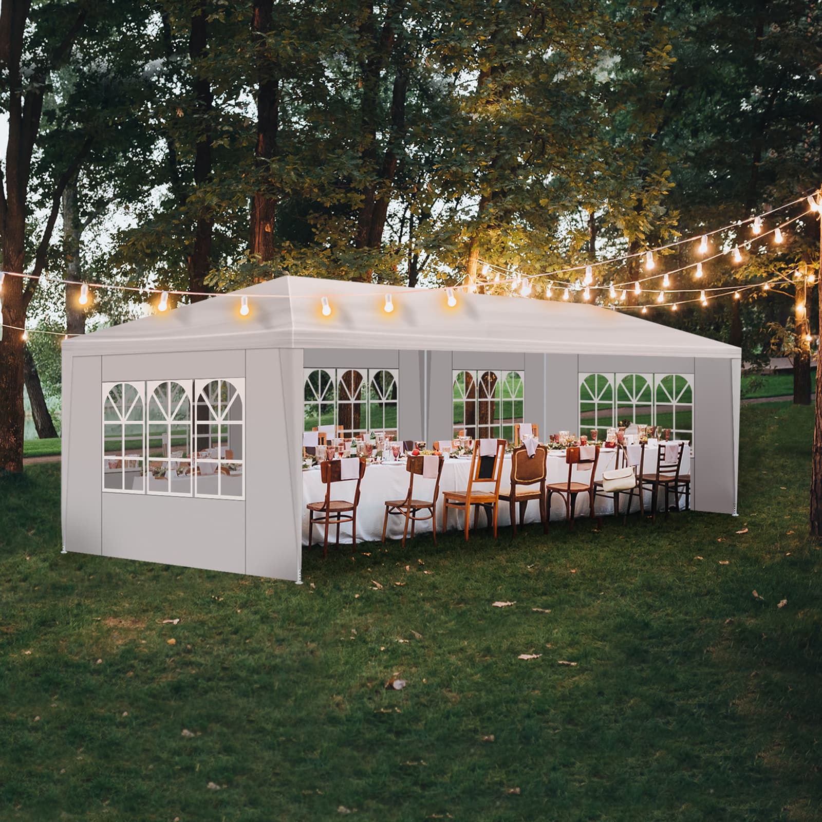 10x30ft White Party Tent With 5 Sidewalls, Outdoor Canopy Gazebo, Iron Frame & PE Cover, Waterproof Sun Shelter For Wedding BBQ Events 11