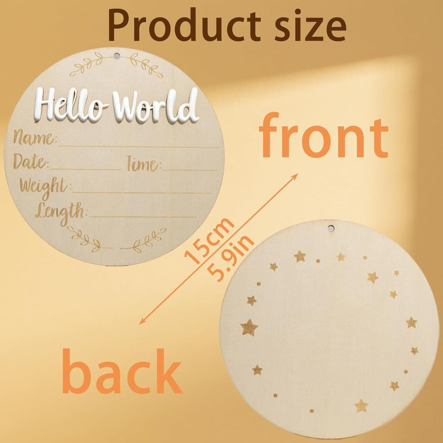 Wooden Hello World Birth Announcement Sign, Newborn Baby Footprint Milestone Photo Prop, Birth Info Name Date Weight Height Wooden Plaque 6