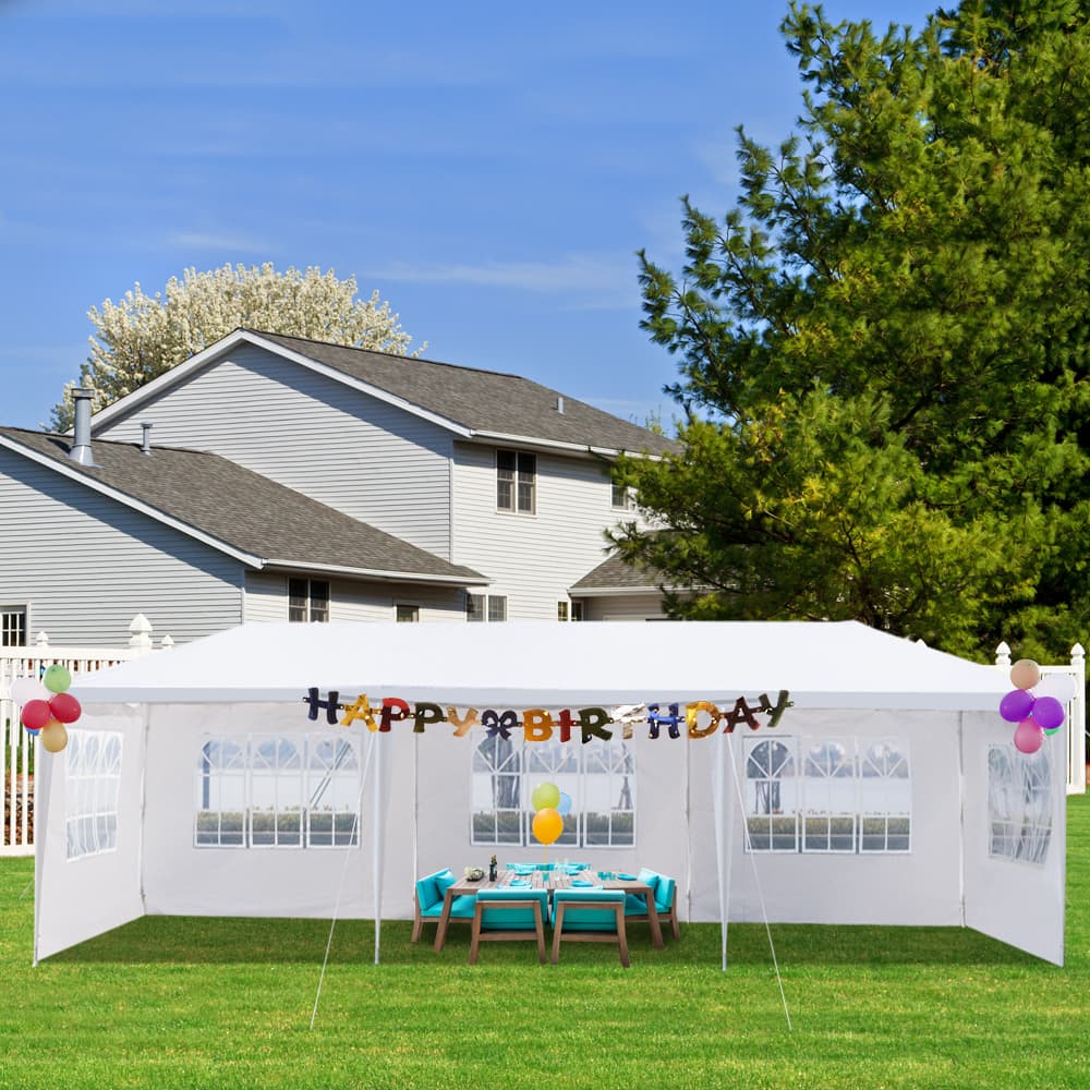 10x30ft White Party Tent With 5 Sidewalls, Outdoor Canopy Gazebo, Iron Frame & PE Cover, Waterproof Sun Shelter For Wedding BBQ Events 16