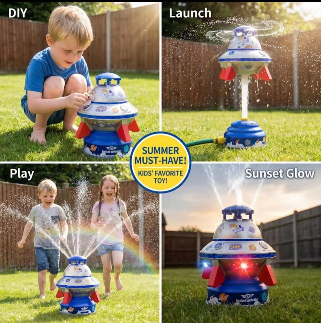 Kids UFO Rocket Water Sprinkler, Flying Saucer Water Launcher With Colorful LED Flashing Lights & DIY Stickers, Outdoor Summer Water Toy For Yard & Garden 3