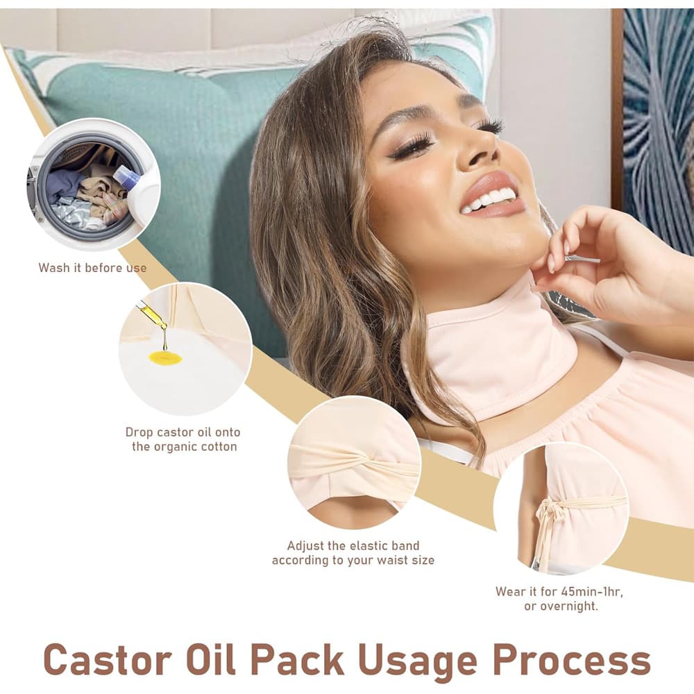Castor Oil Vest Pack Wrap, 2Oz Organic Cold Pressed Glass Bottle Oil, Soft Organic Cotton Flannel & Waterproof PUL, Reusable Massage Castor Oil Pack Kit 2
