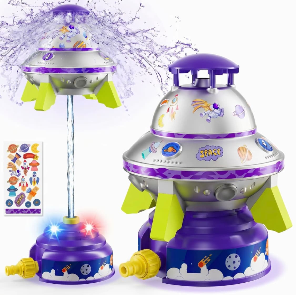 Kids UFO Rocket Water Sprinkler, Flying Saucer Water Launcher With Colorful LED Flashing Lights & DIY Stickers, Outdoor Summer Water Toy For Yard & Garden 6