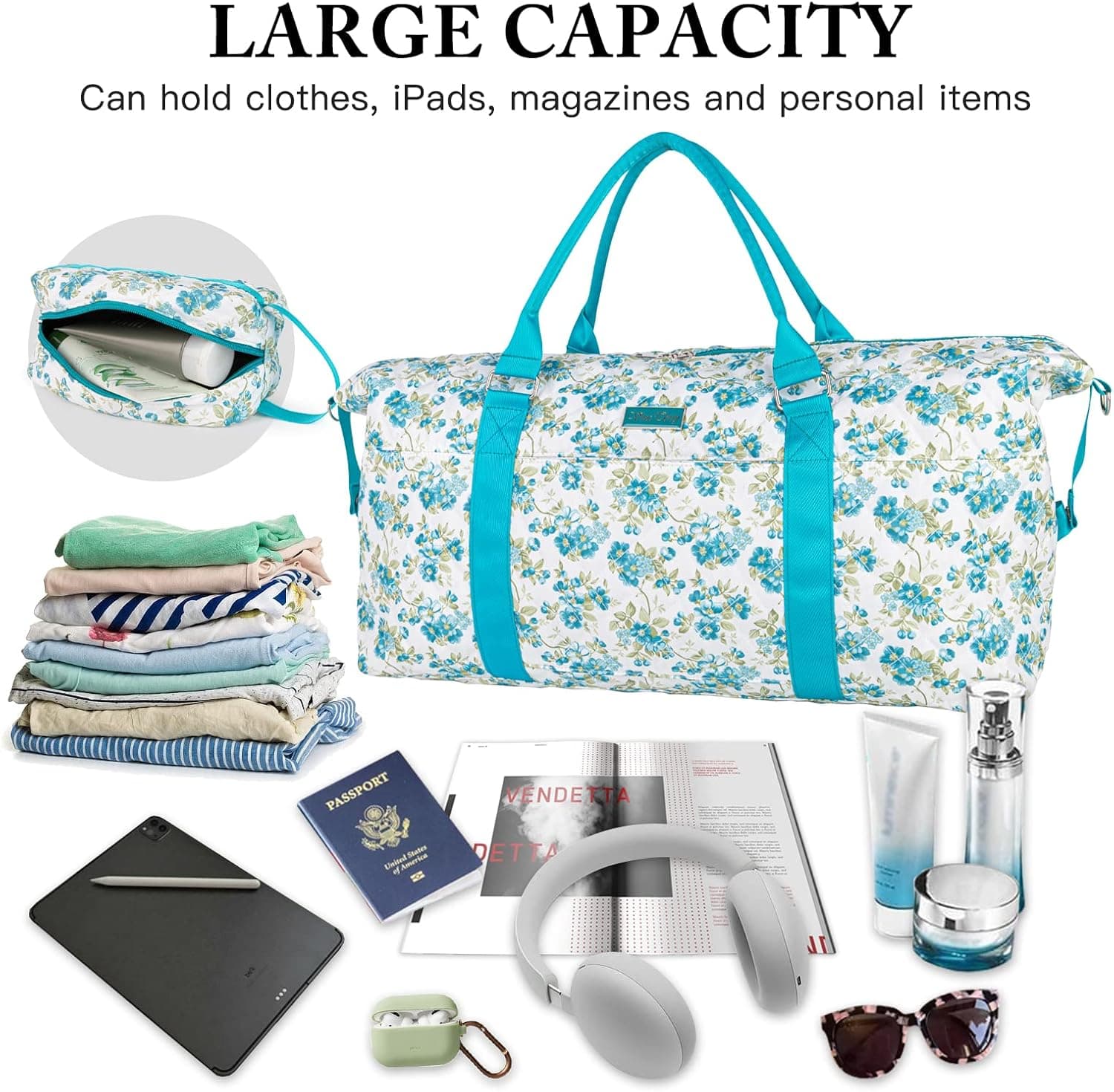Women's Travel Bag With Toiletry Pouch Carry-on Overnight & Weekend Bag For Travel, Yoga, And Gym White Floral Design 6