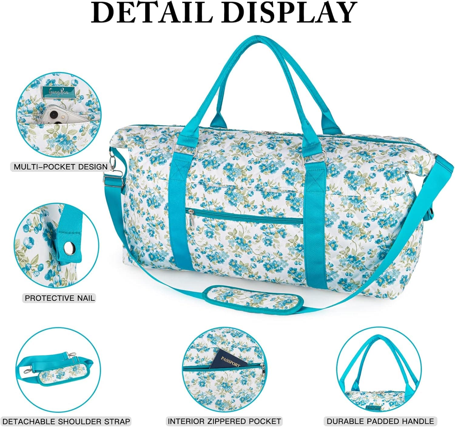 Women's Travel Bag With Toiletry Pouch Carry-on Overnight & Weekend Bag For Travel, Yoga, And Gym White Floral Design 4