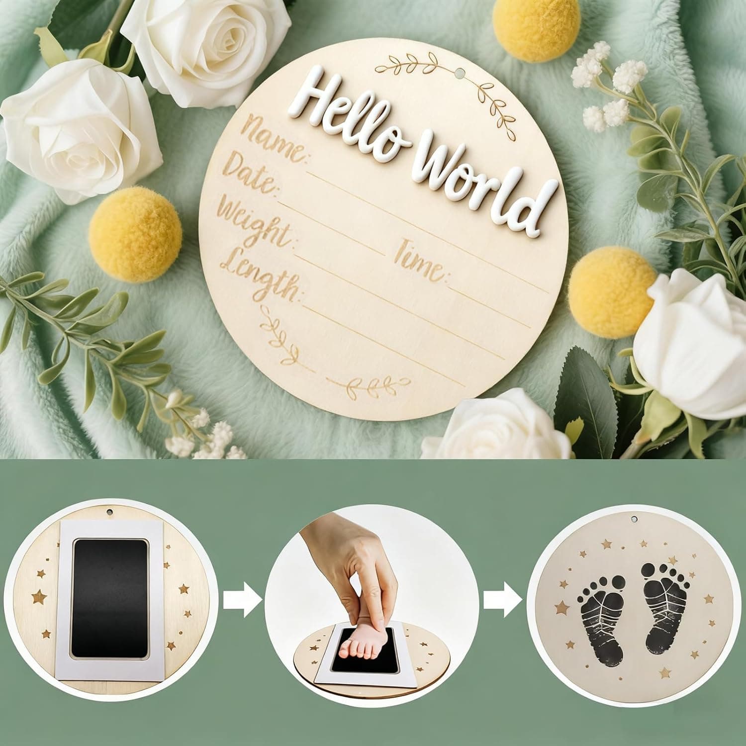 Wooden Hello World Birth Announcement Sign, Newborn Baby Footprint Milestone Photo Prop, Birth Info Name Date Weight Height Wooden Plaque 3