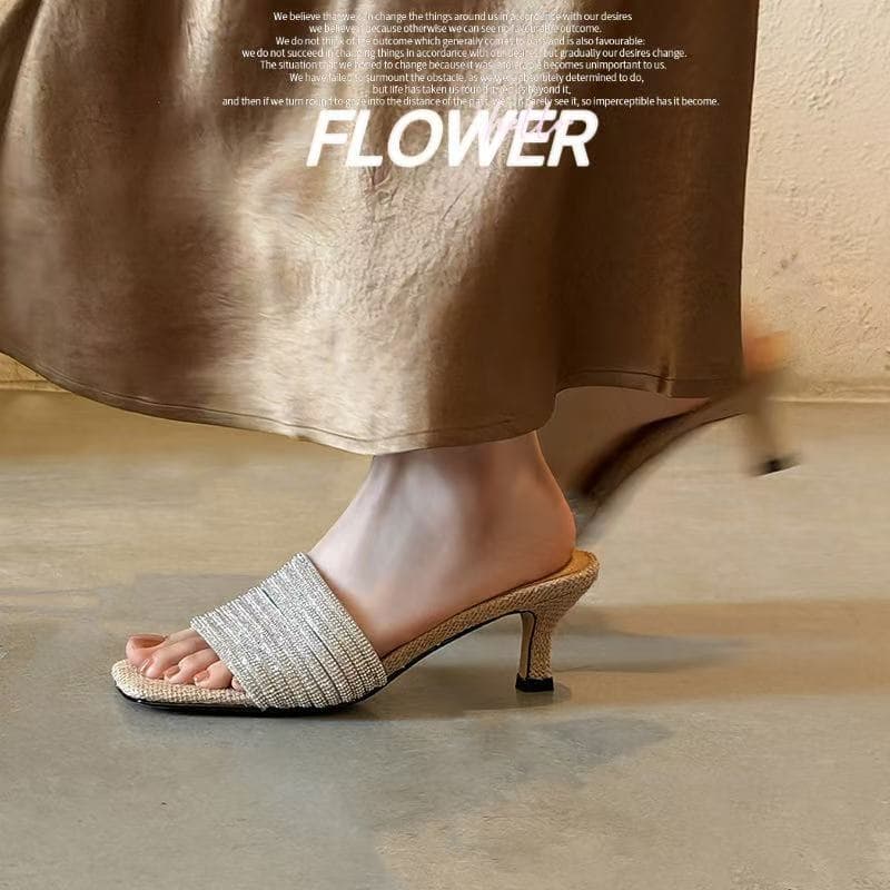 Luxury Handcrafted Rhinestone-Embellished Mule Sandals, Women's Square Toe Kitten Heel Slides With Premium Pigskin Lining 2