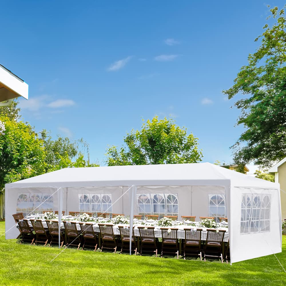 10x30ft White Party Tent With 5 Sidewalls, Outdoor Canopy Gazebo, Iron Frame & PE Cover, Waterproof Sun Shelter For Wedding BBQ Events 12