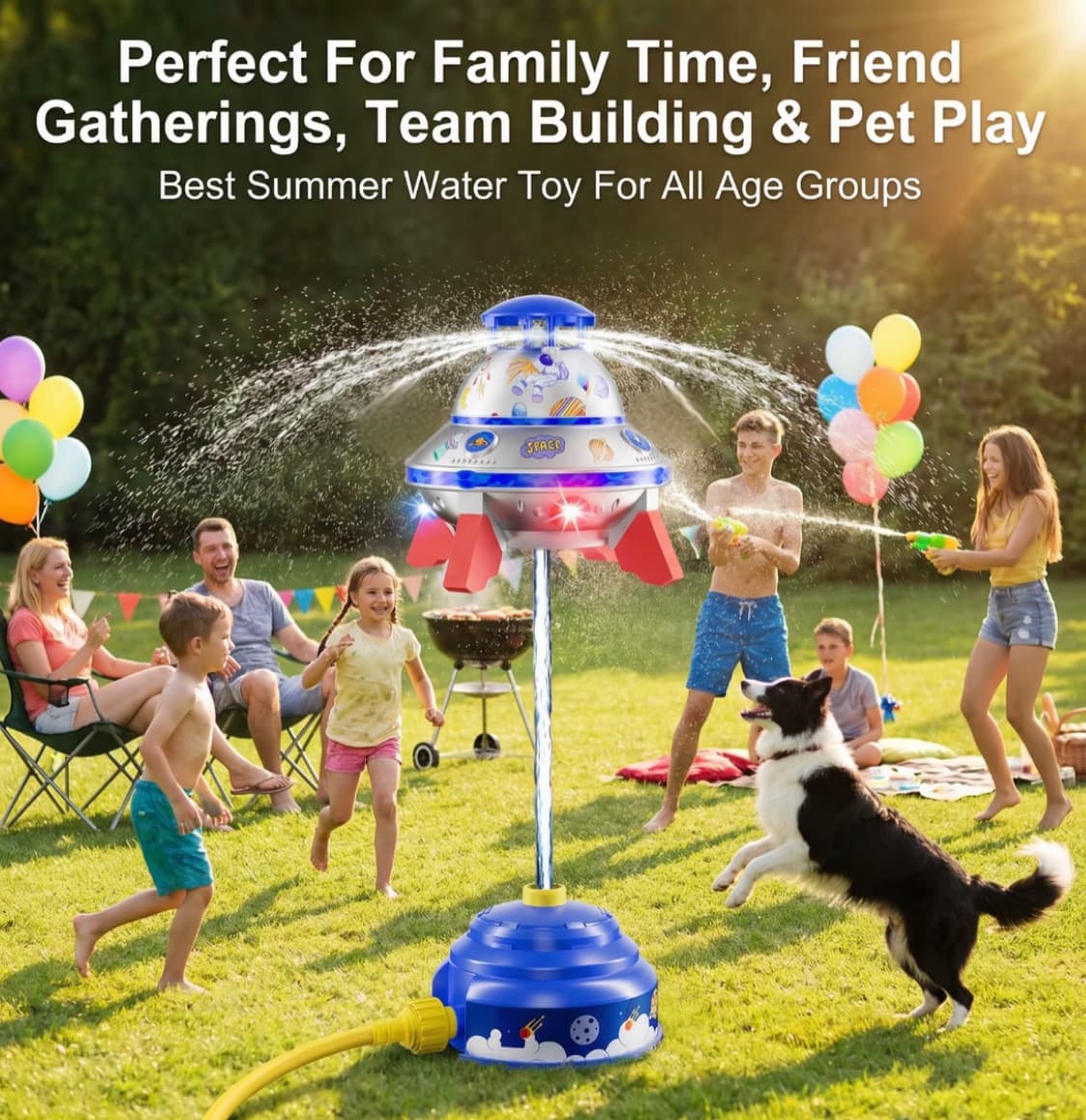 Kids UFO Rocket Water Sprinkler, Flying Saucer Water Launcher With Colorful LED Flashing Lights & DIY Stickers, Outdoor Summer Water Toy For Yard & Garden 8