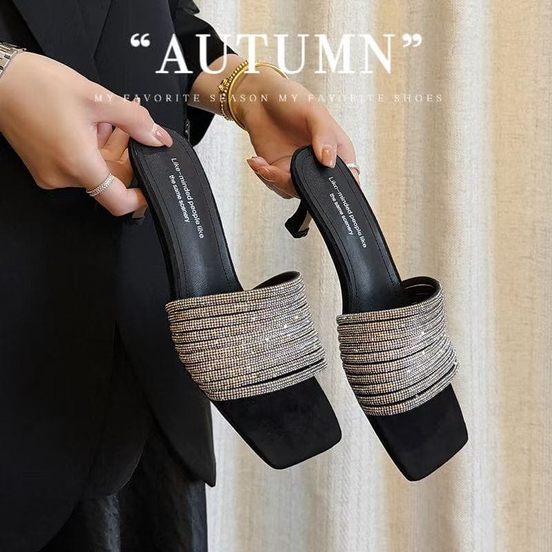 Luxury Handcrafted Rhinestone-Embellished Mule Sandals, Women's Square Toe Kitten Heel Slides With Premium Pigskin Lining 7