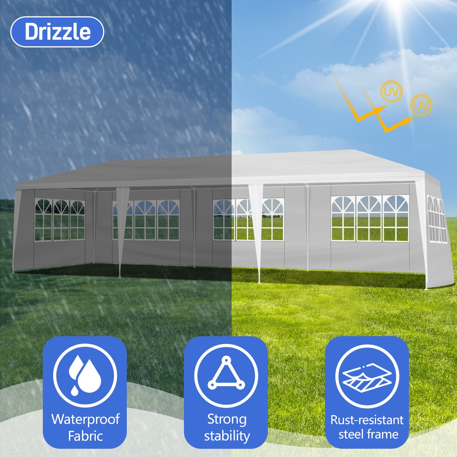 10x30ft White Party Tent With 5 Sidewalls, Outdoor Canopy Gazebo, Iron Frame & PE Cover, Waterproof Sun Shelter For Wedding BBQ Events 2