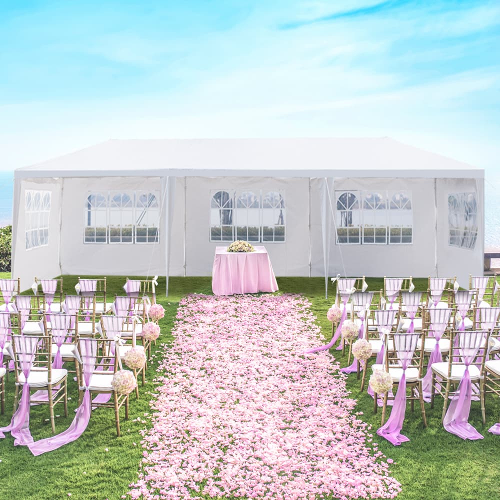 10x30ft White Party Tent With 5 Sidewalls, Outdoor Canopy Gazebo, Iron Frame & PE Cover, Waterproof Sun Shelter For Wedding BBQ Events 10