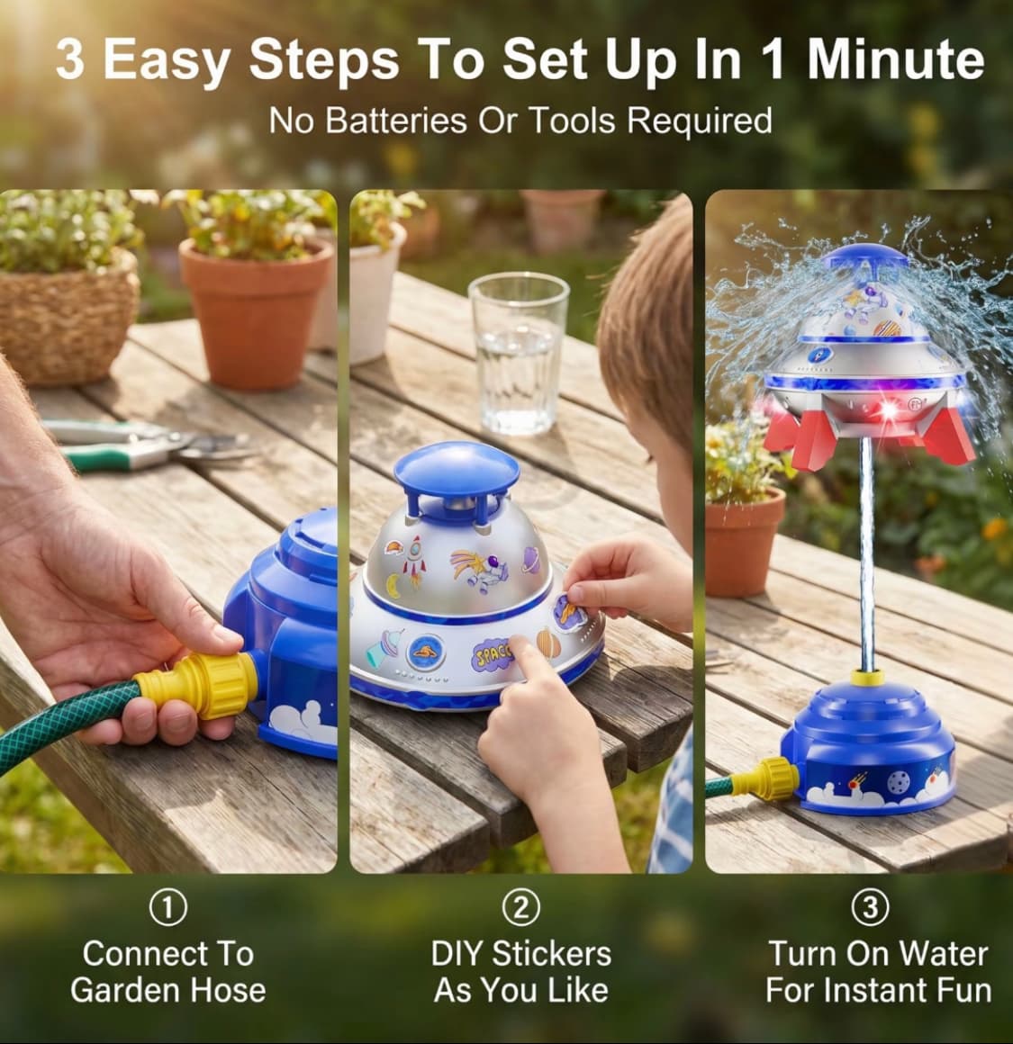 Kids UFO Rocket Water Sprinkler, Flying Saucer Water Launcher With Colorful LED Flashing Lights & DIY Stickers, Outdoor Summer Water Toy For Yard & Garden 10