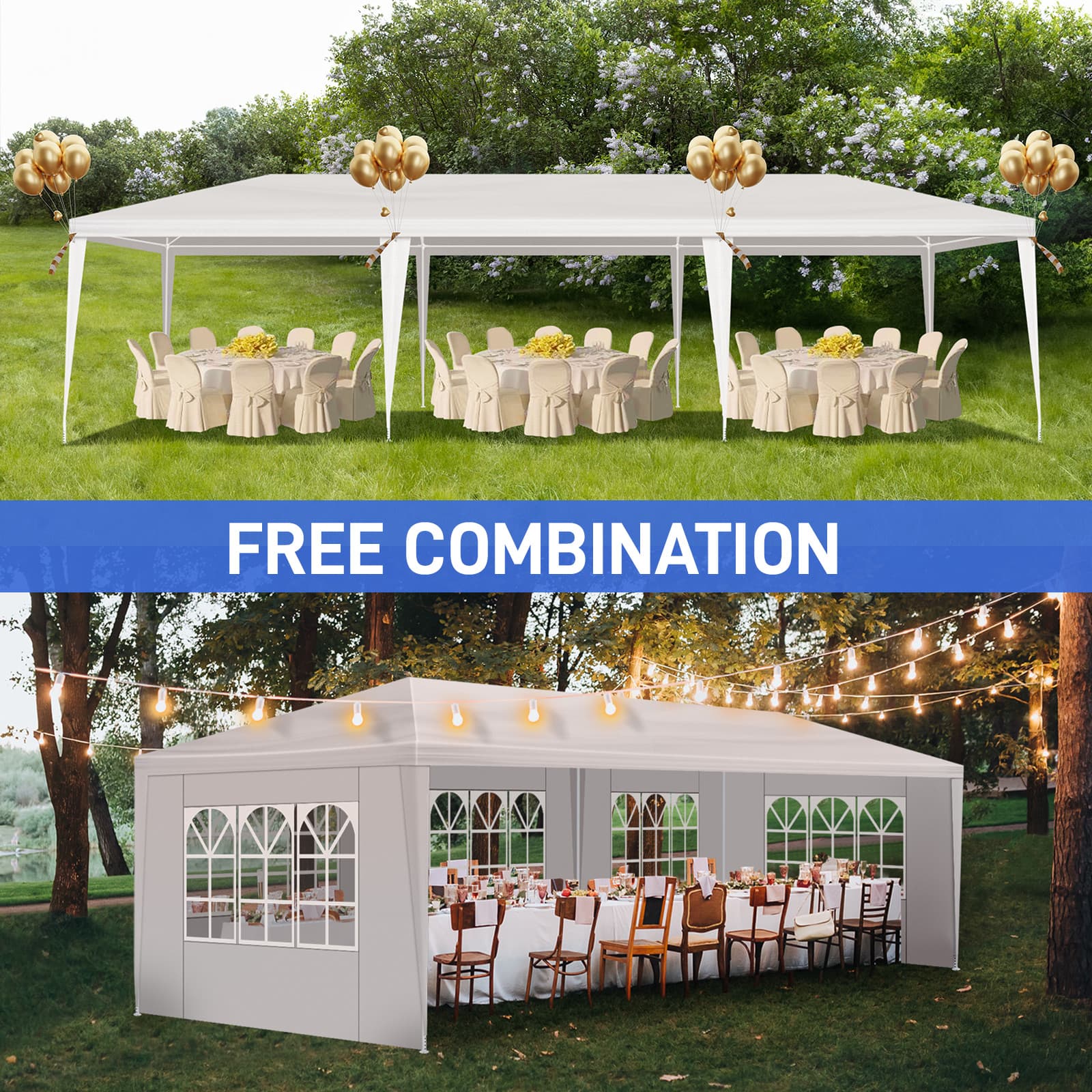10x30ft White Party Tent With 5 Sidewalls, Outdoor Canopy Gazebo, Iron Frame & PE Cover, Waterproof Sun Shelter For Wedding BBQ Events 17