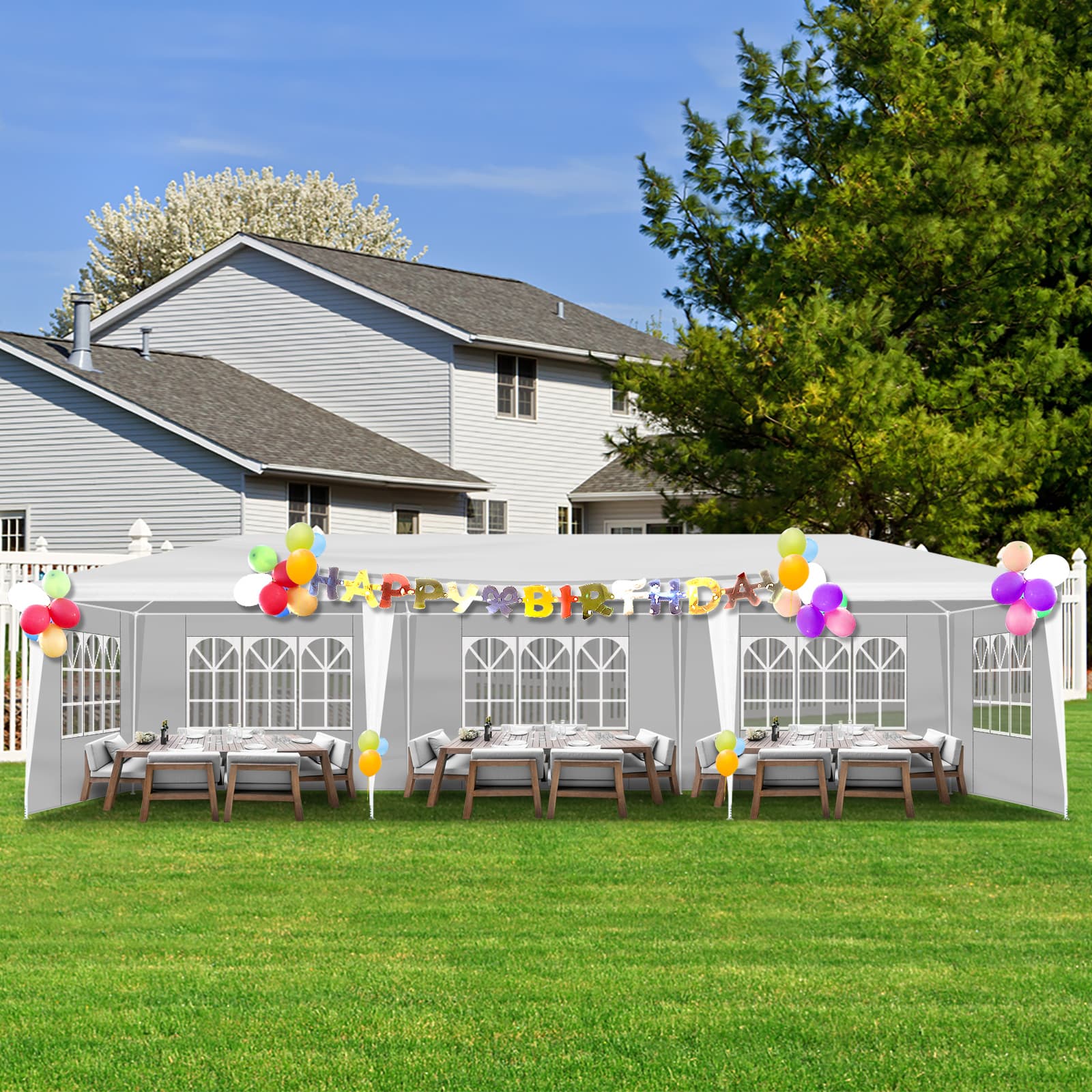 10x30ft White Party Tent With 5 Sidewalls, Outdoor Canopy Gazebo, Iron Frame & PE Cover, Waterproof Sun Shelter For Wedding BBQ Events 15