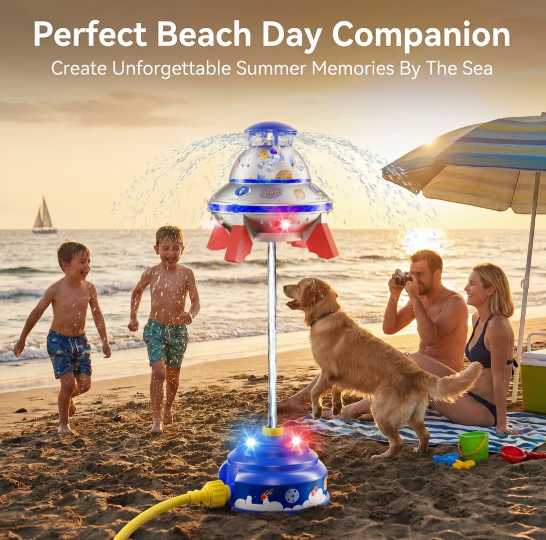 Kids UFO Rocket Water Sprinkler, Flying Saucer Water Launcher With Colorful LED Flashing Lights & DIY Stickers, Outdoor Summer Water Toy For Yard & Garden 9
