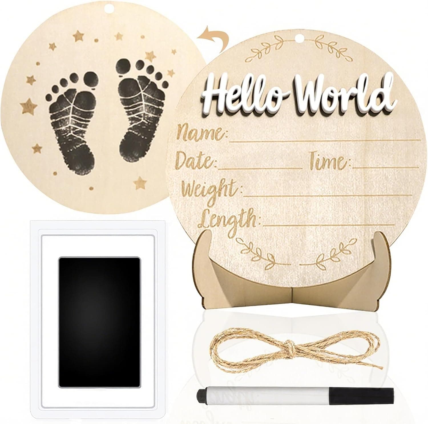 Wooden Hello World Birth Announcement Sign, Newborn Baby Footprint Milestone Photo Prop, Birth Info Name Date Weight Height Wooden Plaque 2