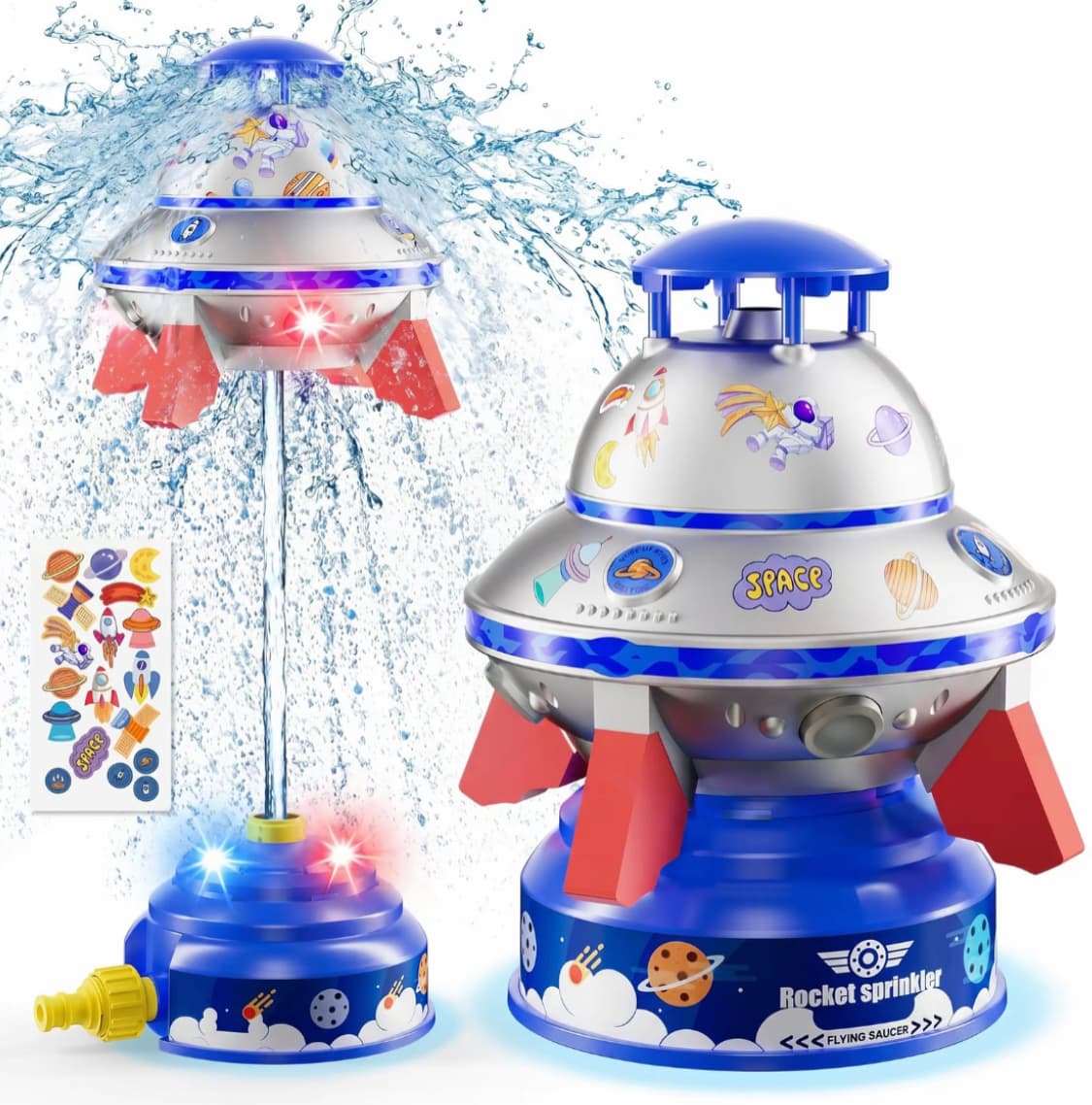 Kids UFO Rocket Water Sprinkler, Flying Saucer Water Launcher With Colorful LED Flashing Lights & DIY Stickers, Outdoor Summer Water Toy For Yard & Garden 5