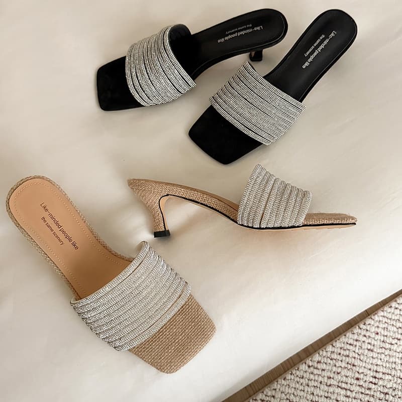 Luxury Handcrafted Rhinestone-Embellished Mule Sandals, Women's Square Toe Kitten Heel Slides With Premium Pigskin Lining 4