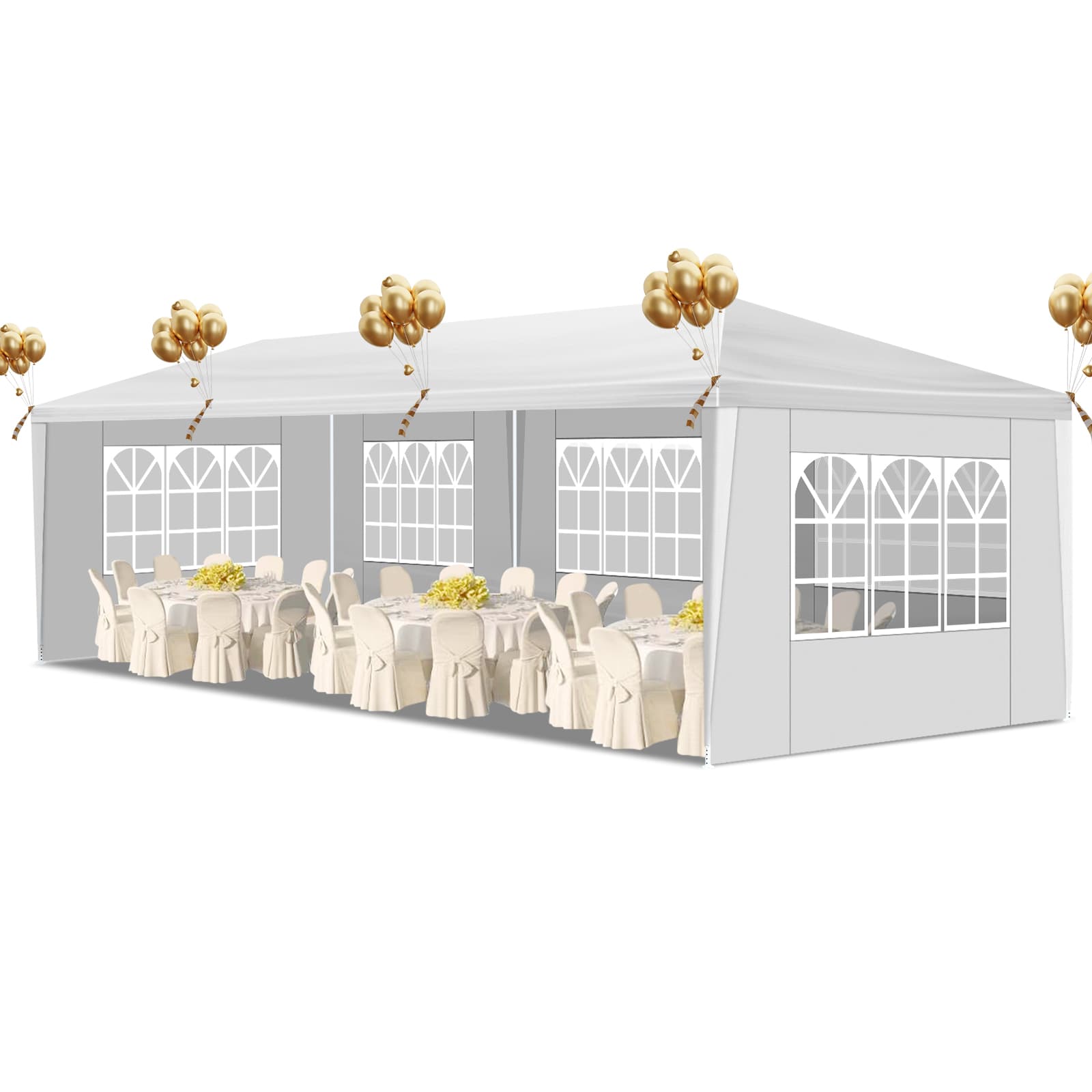 10x30ft White Party Tent With 5 Sidewalls, Outdoor Canopy Gazebo, Iron Frame & PE Cover, Waterproof Sun Shelter For Wedding BBQ Events 3