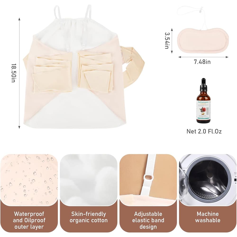 Castor Oil Vest Pack Wrap, 2Oz Organic Cold Pressed Glass Bottle Oil, Soft Organic Cotton Flannel & Waterproof PUL, Reusable Massage Castor Oil Pack Kit 9
