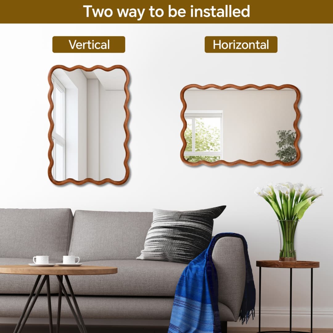 Yellowish Brown 20x30 Wavy Rectangle Solid Wood Frame Decorative Mirror,For Bedroom, Bathroom, Living Room, Entryway 3