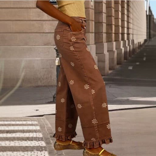 Floral-print Wide-leg Pants Loose-fitting Vintage-style Denim Imitations 4