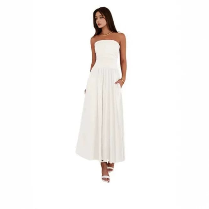 Vintage-tinged Pleated Patchwork Strapless Evening Dress 17