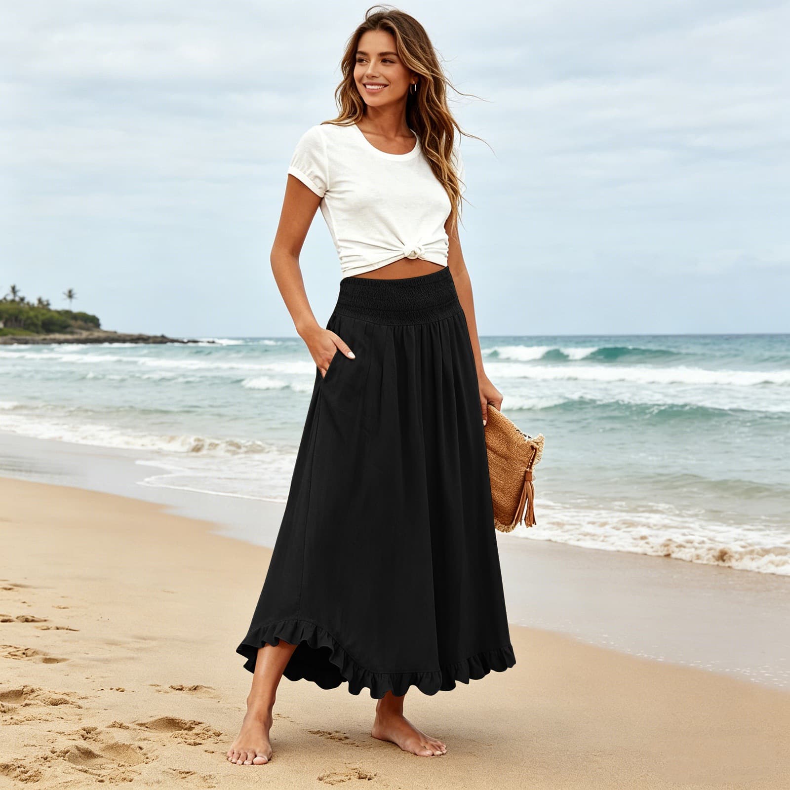 High-waisted Elastic-waist Long Skirt With Ruffled Hem 9