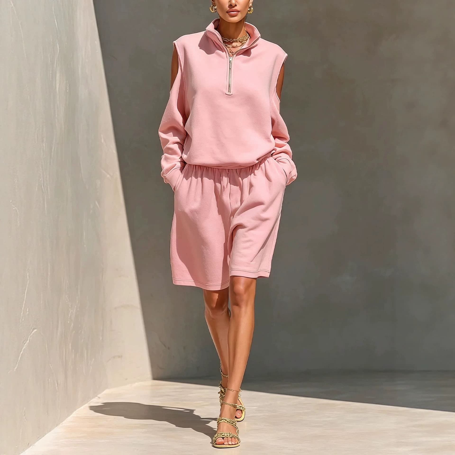 Half-zip Off-shoulder Sweatshirt And Relaxed-fit Shorts Set 4