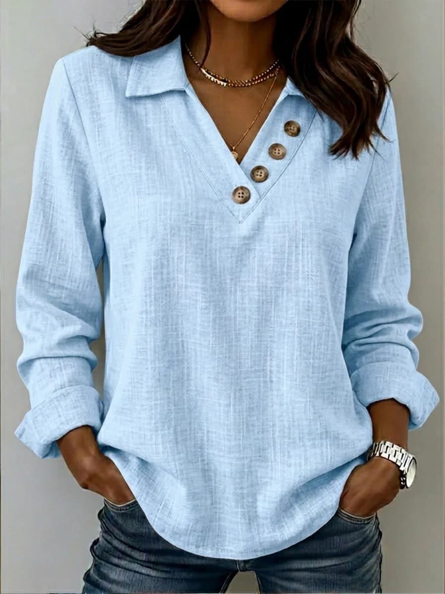 Versatile V-neck Button-up Retro Long-sleeve T-shirt 2