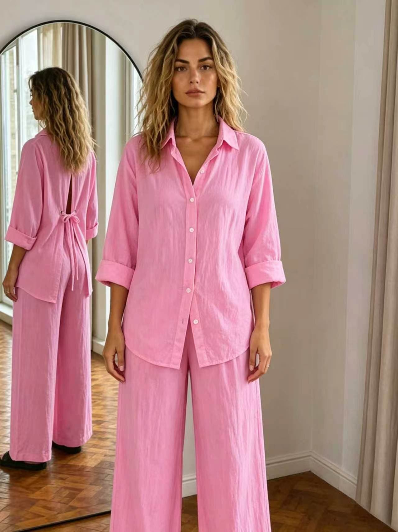 New Casual Solid-Color Trousers Summer Loose Single-Breasted Crepe Shirt Set 8