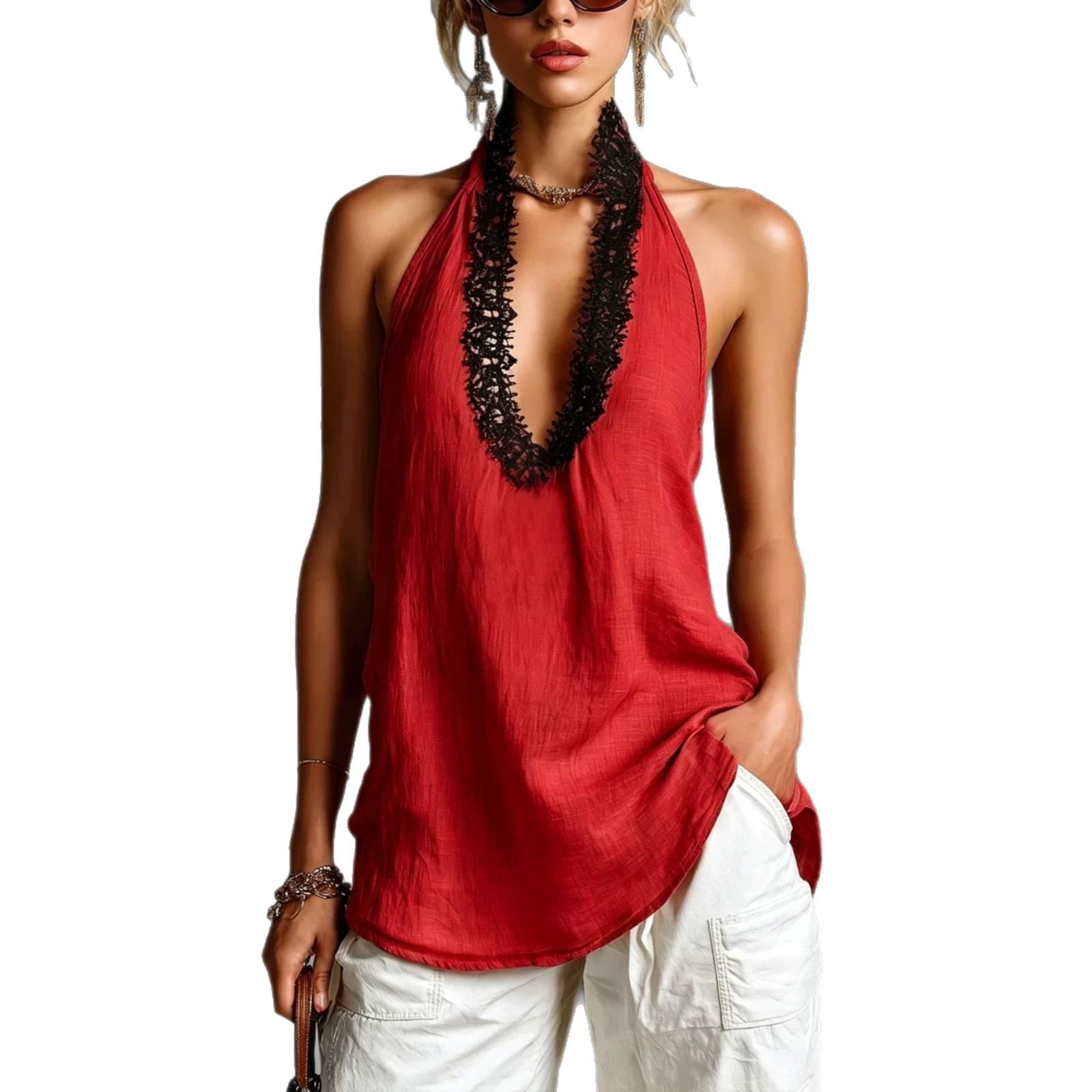 V-neck Sleeveless Halter Lace-trimmed Cotton-linen Vest 11