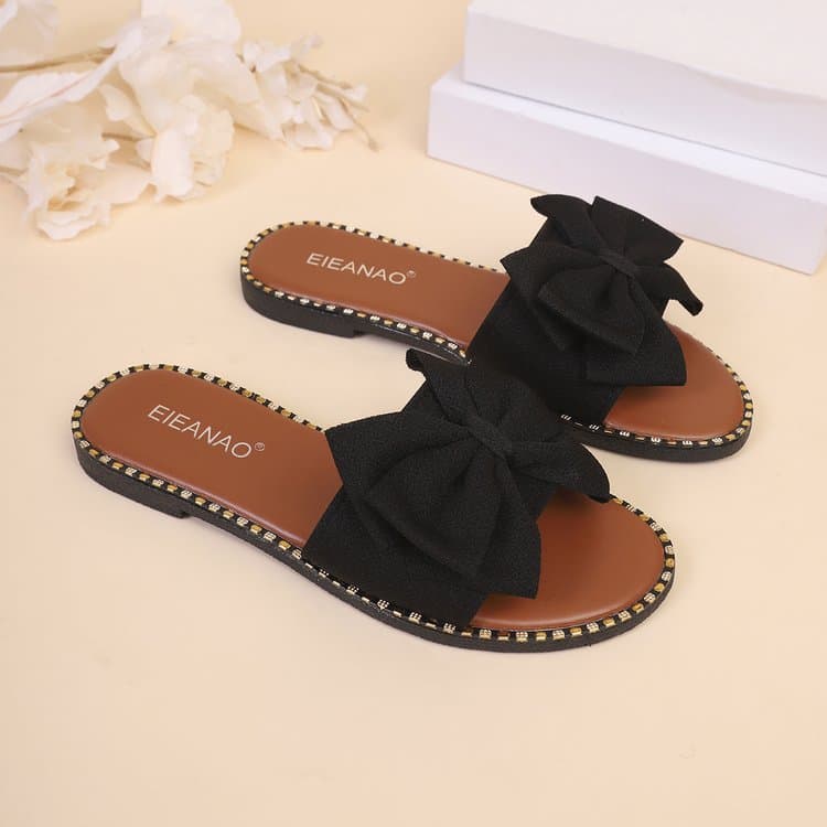 Foreign Trade Flat-Soled Rhinestone Bow Slide Sandals 8