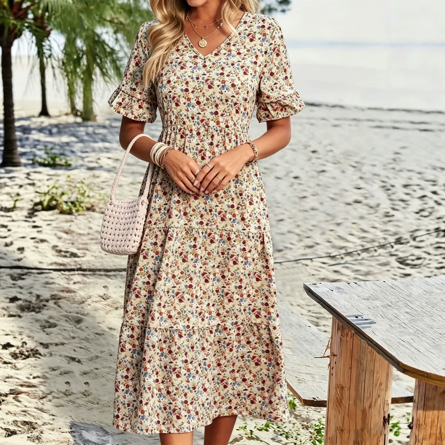 Casual Bohemian V-neck Short-sleeve Flowing Long Beach Dress 7