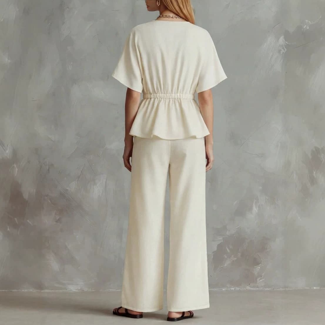 Womens V-neck Cinched-top And Wide-leg Pants Two-piece Set 4