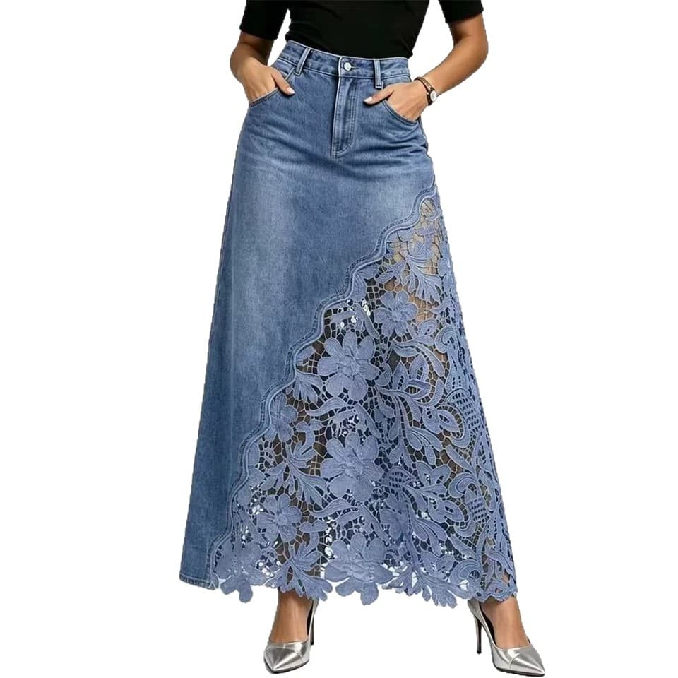 Washed Denim Lace-Panel Long Bodycon Skirt 6